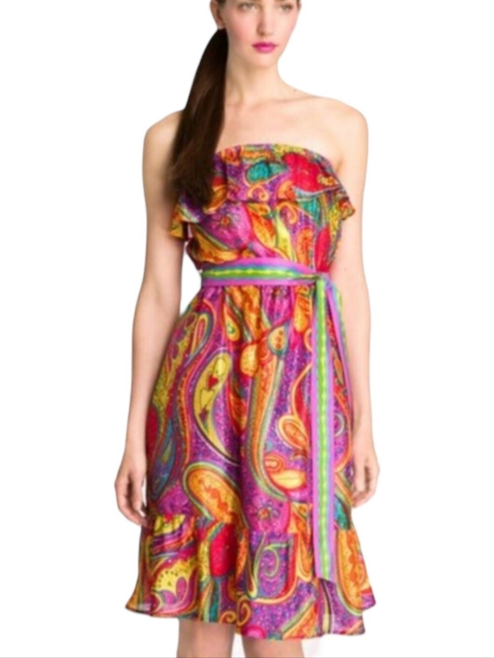 Trina Turk Vibrant Paisley Strapless Ruffle Dress in Fuchsia and Yellow